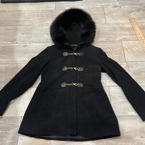 1 Madison cashmere-blend pea coat with a genuine fox fur-trimmed hood black 8